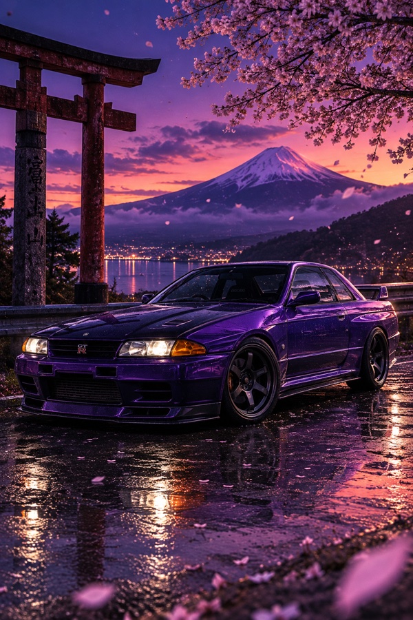 Midnight Royalty: a widebody Nissan Skyline GT-R in imperial purple, on wet ground beneath a torii gate.